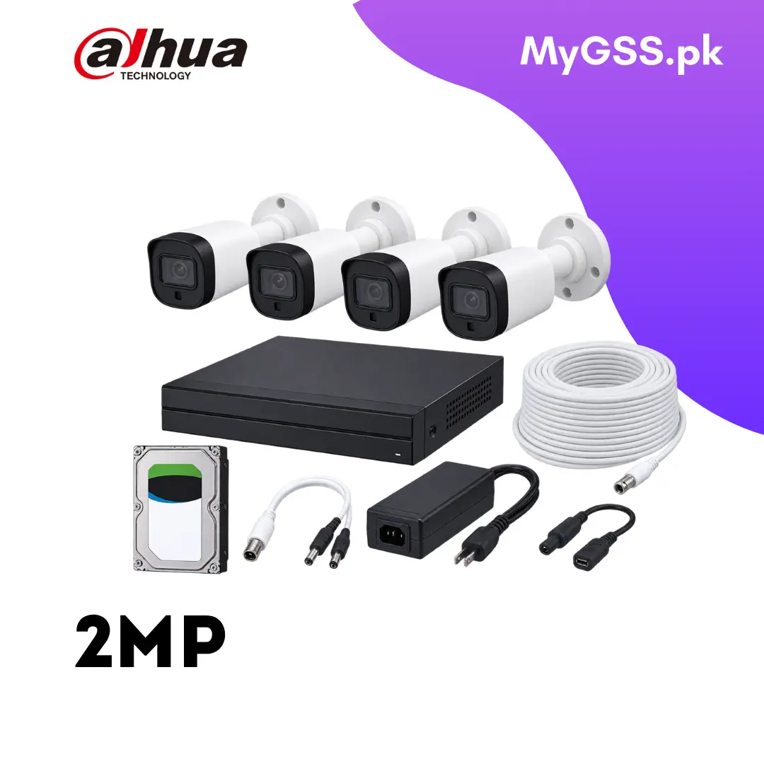 Dahua 4-Channel 2 MP Full-HD CCTV Kit | 4× Bullet Cameras + 4CH DVR + 500 GB HDD | H.265+ • IP67 • Mobile App • Plug-&-Play Security for Homes & Shops