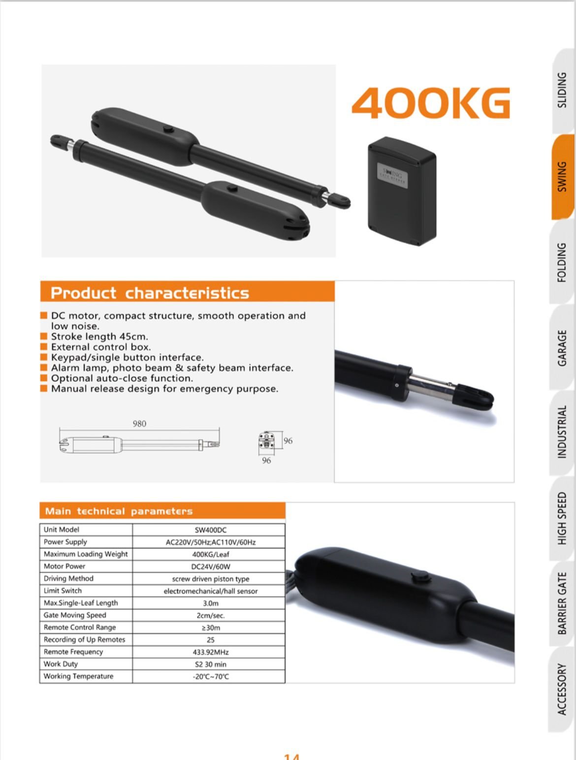 Dual Swing Gate Opener DC Gate Opener SW400DC for 400KG Per Leaf Gate - Image 3
