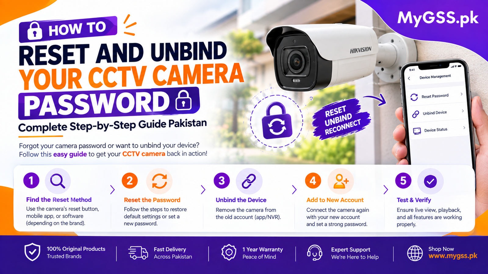 Forgetting your CCTV camera password or receiving a second-hand camera that is still bound to a previous owner’s account are two of the most common problems faced by security camera users in Pakistan. Both situations leave you completely locked out of your own device — unable to view footage, change settings, or even set the camera up fresh. The good news is that both problems are solvable. This complete guide covers password reset and account unbinding for every major brand available at MyGSS.pk — explained clearly, step by step, for every brand. Understanding the Difference — Reset vs Unbind Before we get into the brand guides, it is important to understand the difference between these two processes because they solve different problems. Password Reset — You own the camera and have access to the registered account but have forgotten the device or app password. A reset restores factory settings and allows you to start fresh. Account Unbinding — The camera is physically in your possession but is still linked to a previous owner’s cloud account. Even after a factory reset, some cameras remain bound to the original account and cannot be added to a new one without going through an official unbinding process. This is where MyGSS.pk steps in. As an official distributor and authorized reseller for all major brands, we can process account unbinding requests on behalf of our customers — a service most regular shops cannot offer. If you purchased a camera from us and are facing an unbinding issue, contact us directly on WhatsApp and we will handle it for you. Before You Begin — Important Notes A factory reset erases all settings including WiFi, recording schedules, and motion zones Physical reset requires you to be present at the camera location Account unbinding is separate from factory reset — resetting does not always remove cloud binding Always try the app-based password recovery before doing a physical reset After any reset or unbind, you will need to set up the camera again from scratch Keep your new password stored safely immediately after setup VStarcam Cameras VStarcam is MyGSS.pk’s flagship brand and our officially distributed product line in Pakistan. VStarcam cameras — including the CS622DR, BG622DR Solar, CS996DR, and the full range — are managed exclusively through the VStarcam Ultra app. VStarcam cameras are among the most advanced AI smart cameras available in Pakistan today, featuring dual-lens technology, solar 4G connectivity, and AI human detection. However like all cloud-connected cameras, they can run into password and binding issues that need to be resolved properly. Password Reset — VStarcam Method 1 — Via VStarcam Ultra App: Open the VStarcam Ultra app on your phone On the login screen tap Forgot Password Enter your registered email address Check your email for a verification code Enter the code and set a new password Log back in — all your cameras will remain linked Method 2 — Physical Reset Button: Power on the camera and wait 30 seconds for it to fully boot Locate the reset pinhole on the camera body (labeled RESET) Insert a pin or paperclip and press and hold for 10 seconds The camera will beep or the LED will flash — release the button Wait 60 seconds for the camera to fully reboot Open VStarcam Ultra and add the camera as a new device Create a new password during the setup process Account Unbinding — VStarcam VStarcam cameras are bound to the account that originally added them. If you purchased a VStarcam camera that was previously registered to another account — whether second-hand or from another seller — a factory reset alone will not free the camera from that account. Unbinding requires verification through VStarcam’s official system and can only be processed by an authorized distributor. As the official VStarcam distributor for Pakistan, MyGSS.pk can submit unbinding requests directly to VStarcam on your behalf. To request an unbind: Contact us on WhatsApp with your camera’s serial number (found on the box or camera body) Provide your purchase proof if available We will submit the unbinding request and notify you once the camera is free to be added to your account IMOU Cameras IMOU is one of Pakistan’s most popular security camera brands, known for its reliability, AI features, and wide product range. IMOU cameras available at MyGSS.pk — including the Ranger 2, Bullet 2E, Cruiser SC, and Cruiser Dual 2 — are all managed through the IMOU Life app. Password Reset — IMOU Method 1 — Via IMOU Life App: Open the IMOU Life app Tap Forgot Password on the login screen Enter your registered email address or phone number Enter the verification code sent to you Set a new password and log back in Method 2 — Physical Reset: Power on the IMOU camera and allow it to fully start (30 seconds) Locate the reset pinhole on the base or back of the camera Press and hold with a pin for 10 seconds The status LED will flash rapidly — release the button Wait for the camera to fully reboot (approximately 60 seconds) Open IMOU Life and add the camera as a new device Account Unbinding — IMOU IMOU cameras registered under a previous owner’s IMOU Life account cannot be transferred simply by resetting. The original account holder must remove the device from their account — or an authorized channel partner must submit an unbinding request through IMOU’s official dealer portal. MyGSS.pk is an authorized IMOU reseller in Pakistan and can process IMOU unbinding requests for our customers. Contact us on WhatsApp with the camera serial number and we will handle the unbinding process on your behalf. EZVIZ Cameras EZVIZ is Hikvision’s consumer-focused brand and one of the most trusted names in home security cameras in Pakistan. EZVIZ cameras at MyGSS.pk — including the H6C Pro, H8C, CP1 Pro, H7c, and H90 — are managed through the EZVIZ App. Password Reset — EZVIZ Method 1 — Via EZVIZ App: Open the EZVIZ App On the login screen tap Forgot Password Enter your registered email address Enter the verification code sent to your email Set a new password and log back in Method 2 — Physical Reset: Locate the reset button — on most EZVIZ cameras it is inside the SD card slot cover or at the base Power on the camera and wait for the startup sound or LED indicator Press and hold the reset button for 5 to 10 seconds You will hear a prompt or the LED will change color The camera will restart automatically Open the EZVIZ App, delete the old camera entry, and re-add as a new device Account Unbinding — EZVIZ EZVIZ uses Hikvision’s cloud infrastructure, which means account binding is tightly controlled. A camera registered to an EZVIZ account cannot be added to a new account without the original account removing it or an authorized partner submitting an official unbind request. As an authorized EZVIZ reseller, MyGSS.pk can raise unbinding requests through EZVIZ’s official reseller channels. Send us your camera serial number on WhatsApp and we will take care of the rest. Dahua Cameras Dahua is one of the world’s leading professional security camera manufacturers and a brand MyGSS.pk is officially authorized to sell in Pakistan. Dahua cameras — including the Hero A1 and the full Dahua range — are managed through the DMSS app for consumer devices and via a browser-based interface for professional NVR and DVR systems. Password Reset — Dahua Method 1 — Via DMSS App: Open the DMSS app Tap Forgot Password on the login screen Enter your registered email address Follow the reset link sent to your inbox Set a new password and log back in Method 2 — Via Web Browser (For NVR/DVR): Connect your PC to the same network as the Dahua NVR or DVR Open a browser and type the device IP address (usually 192.168.1.108) On the login page click Forgot Password Scan the QR code displayed using the DMSS app Follow the on-screen steps to verify and reset Method 3 — Physical Reset: Power off the Dahua camera or NVR Locate the reset button on the device Hold the reset button while powering the device back on Continue holding for 10 seconds until the device beeps Release and allow the device to reboot fully Log in with default credentials: username admin / password admin You will be prompted immediately to set a new password Account Unbinding — Dahua Dahua’s DMSS cloud platform ties devices to registered accounts. A previously registered Dahua device cannot be freely transferred to a new account without proper unbinding through official channels. MyGSS.pk as an authorized Dahua reseller can submit unbinding requests through Dahua’s official dealer system. Contact us via WhatsApp with your device serial number and proof of purchase and we will process the request for you. Hikvision Cameras Hikvision is the world’s largest security camera manufacturer and a globally trusted professional brand. Hikvision devices at MyGSS.pk are managed through the Hik-Connect app for consumer devices and through a browser or the SADP Tool for professional installations. Password Reset — Hikvision Method 1 — Via Hik-Connect App: Open the Hik-Connect app Tap Forgot Password on the login screen Enter your registered email or phone number Enter the verification code received Set a new password and log back in Method 2 — Via SADP Tool (Professional Systems): Download the Hikvision SADP Tool on your Windows PC Connect your PC to the same network as the camera Open SADP — it automatically detects all Hikvision devices on the network Select your camera and click Forgot Password in the right panel Scan the QR code using the Hik-Connect app or export the XML file Follow the steps to generate a reset code Enter the reset code in SADP and set a new password Method 3 — Physical Reset: Locate the reset button — usually near the SD card slot or on the cable tail Power on the camera Press and hold the reset button for 10 seconds The camera will reboot automatically Use SADP or browser to access the camera and set a new password Account Unbinding — Hikvision Hikvision’s Hik-Connect platform has one of the most strictly controlled unbinding processes of all major brands. Devices registered to an account cannot simply be transferred — unbinding must be done either by the original account holder or through an authorized Hikvision channel partner with verified dealer credentials. MyGSS.pk holds authorized reseller status for Hikvision in Pakistan and can process Hik-Connect unbinding requests through official channels. This is a service very few shops in Pakistan can offer. Contact us on WhatsApp with the device serial number and we will handle the process. TP-Link Tapo Cameras TP-Link Tapo is one of the fastest growing smart home camera brands in Pakistan, known for its ease of use and affordable pricing. Tapo cameras at MyGSS.pk — including the Tapo C200 — are managed through the Tapo App. Password Reset — TP-Link Tapo Method 1 — Via Tapo App: Open the Tapo App On the login screen tap Forgot Password Enter your TP-Link ID email address Check your email for a reset link Click the link and set a new password Log back in — all your Tapo devices will remain linked Method 2 — Physical Reset: Locate the reset button on the base of the camera Power on the camera and wait for it to fully start Press and hold the reset button for 5 seconds until the LED flashes orange and green alternately Release and wait for the camera to fully reboot Open the Tapo App and add the camera again as a new device Account Unbinding — TP-Link Tapo Tapo cameras linked to a TP-Link account cannot be added to a new account without the original owner removing the device — or an authorized partner processing an official unbind through TP-Link’s reseller system. As an authorized TP-Link reseller, MyGSS.pk can submit Tapo unbinding requests on your behalf. Send us your camera serial number on WhatsApp and we will take it from there. Tenda Cameras Tenda is a trusted networking and security brand offering excellent value cameras for Pakistani homes and businesses. Tenda cameras at MyGSS.pk — including the CT6 and CP3 — are managed through the Tenda Security app. Password Reset — Tenda Method 1 — Via Tenda Security App: Open the Tenda Security app On the login screen tap Forgot Password Enter your registered email address Follow the reset instructions sent to your inbox Set a new password and log back in Method 2 — Physical Reset: Locate the reset pinhole on the camera body Power on the camera and allow it to fully boot Insert a pin and hold for 8 seconds The LED indicator will flash — release the button Wait for the camera to fully reboot Open Tenda Security app and re-add the camera as a new device Account Unbinding — Tenda Tenda cameras registered to a previous account require official channel intervention for unbinding. A factory reset alone will not remove the cloud account binding. MyGSS.pk as an authorized Tenda reseller can request unbinding through Tenda’s official reseller portal. Contact us on WhatsApp with your camera serial number and we will process it for you. V380 Cameras V380 is one of the most widely used budget-friendly camera brands in Pakistan, popular for home monitoring and small business use. V380 cameras at MyGSS.pk are managed through the V380 Pro app. Password Reset — V380 Method 1 — Via V380 Pro App: Open the V380 Pro app Tap Forgot Password on the login screen Enter your registered mobile number or email Enter the OTP or verification code received Set a new password and log back in Method 2 — Physical Reset: Find the reset pinhole on the base or back of the camera Power on the camera and wait 30 seconds Press and hold the reset button for 5 to 10 seconds You will hear a voice prompt or the LED will flash — confirming the reset Wait for the camera to fully reboot Re-add the camera in V380 Pro app and set a new password Account Unbinding — V380 V380 cameras bound to a previous account require the original account to remove the device or an authorized reseller to process an official unbind request. MyGSS.pk can assist with V380 unbinding requests for cameras purchased through our store. Send us your serial number on WhatsApp and we will guide you through the process. Quick Reference Summary Brand App Reset Time Unbinding Via MyGSS.pk VStarcam VStarcam Ultra 10 seconds ✅ Yes IMOU IMOU Life 10 seconds ✅ Yes EZVIZ EZVIZ App 5-10 seconds ✅ Yes Dahua DMSS 10 seconds ✅ Yes Hikvision Hik-Connect 10 seconds ✅ Yes TP-Link Tapo Tapo App 5 seconds ✅ Yes Tenda Tenda Security 8 seconds ✅ Yes V380 V380 Pro 5-10 seconds ✅ Yes Tips to Never Face This Problem Again Save your password immediately in your phone’s notes or a password manager app after every setup Link cameras to a permanent personal email — not a work email you may lose access to Enable two-factor authentication on all camera apps for extra security Write the password on a sticker and place it inside your DVR or NVR cabinet Buy from authorized sellers only — cameras purchased from unauthorized sources are far more likely to arrive with binding issues that cannot be resolved Need Help? MyGSS.pk Has You Covered If you are still stuck after following the steps above, do not worry. MyGSS.pk offers free WhatsApp and phone support for all camera brands available on our store. And if you are facing an account unbinding issue, we are one of the very few stores in Pakistan with the official authorization to process unbinding requests directly with the manufacturer. We have helped hundreds of customers across Pakistan resolve password and unbinding issues — and we are ready to help you too. 📷 Shop Genuine Security Cameras in Pakistan Official brands. Lowest prices. Free tech support. Cash on Delivery. 👉 View All Security Cameras at MyGSS.pk Whatsapp Facebook